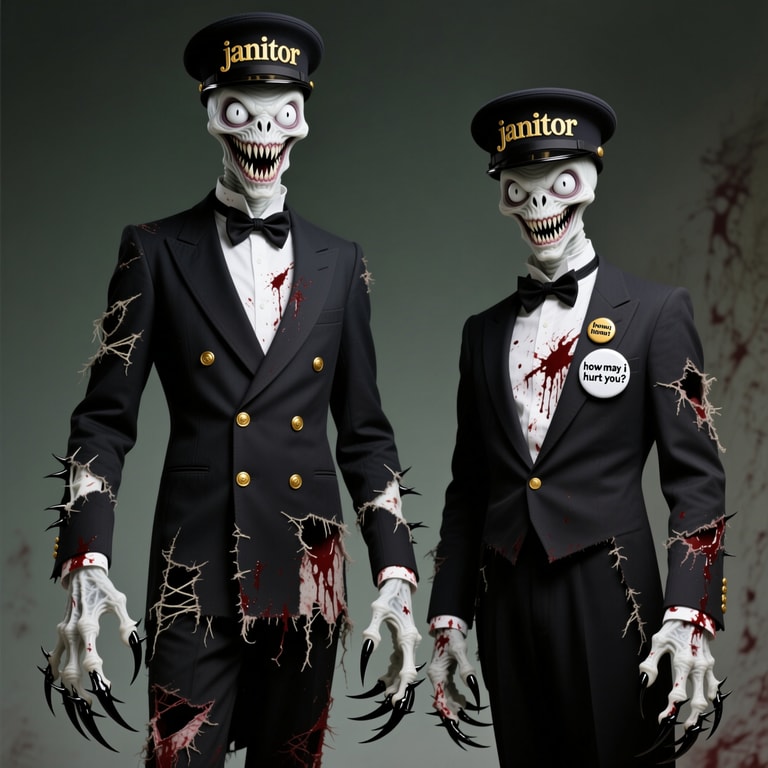 Skeletal Janitors in Bloodied Suits