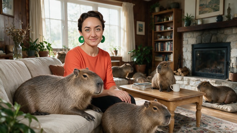 Woman Amid Capybara Companions