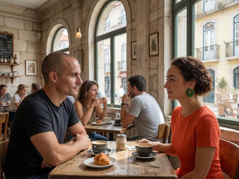 Lingering Gaze in Lisbon Cafe