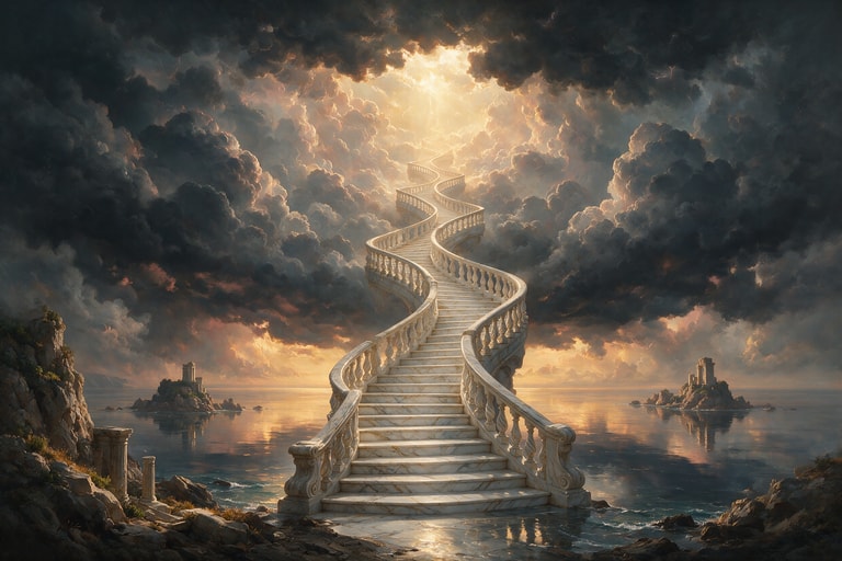 Marble Stairway Through Storm Clouds