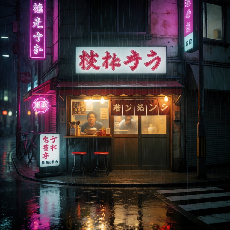 Neon Ramen in Midnight Rain