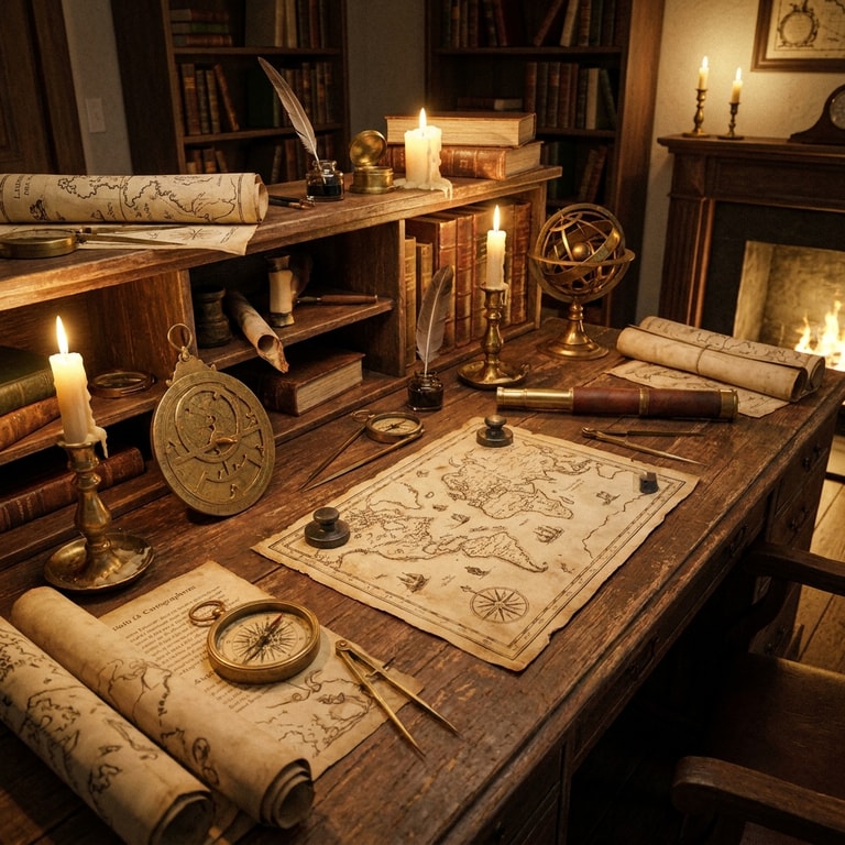 Candlelit Cartographer's Antique Desk