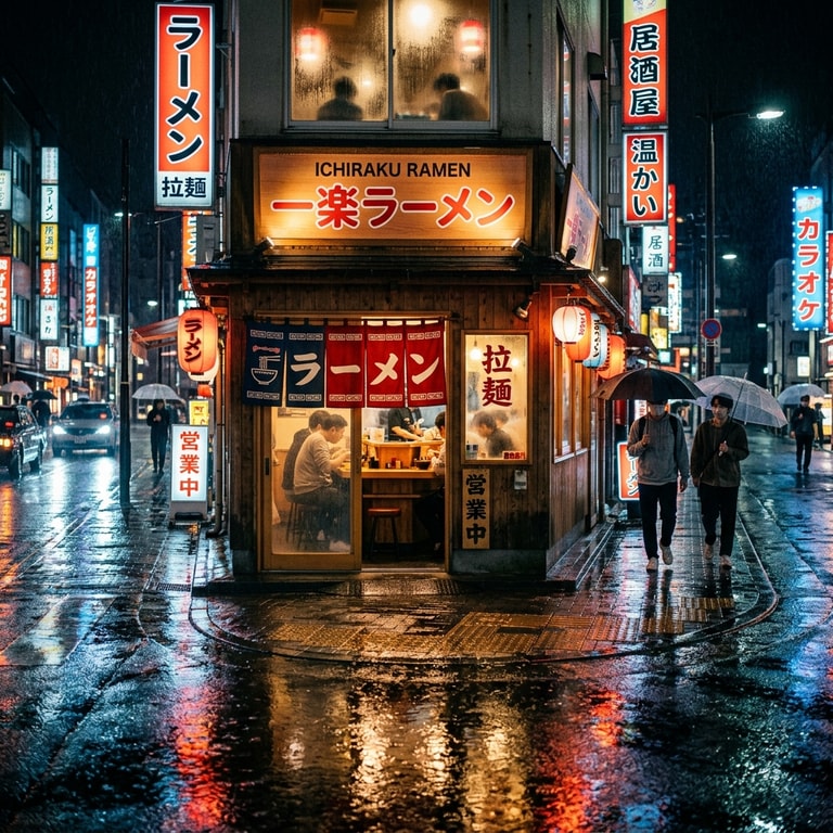 Neon Glow Over Rainy Ramen