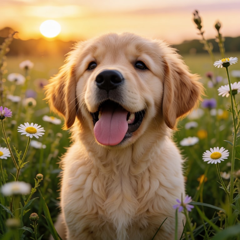 Golden Retriever Puppy at Sunset