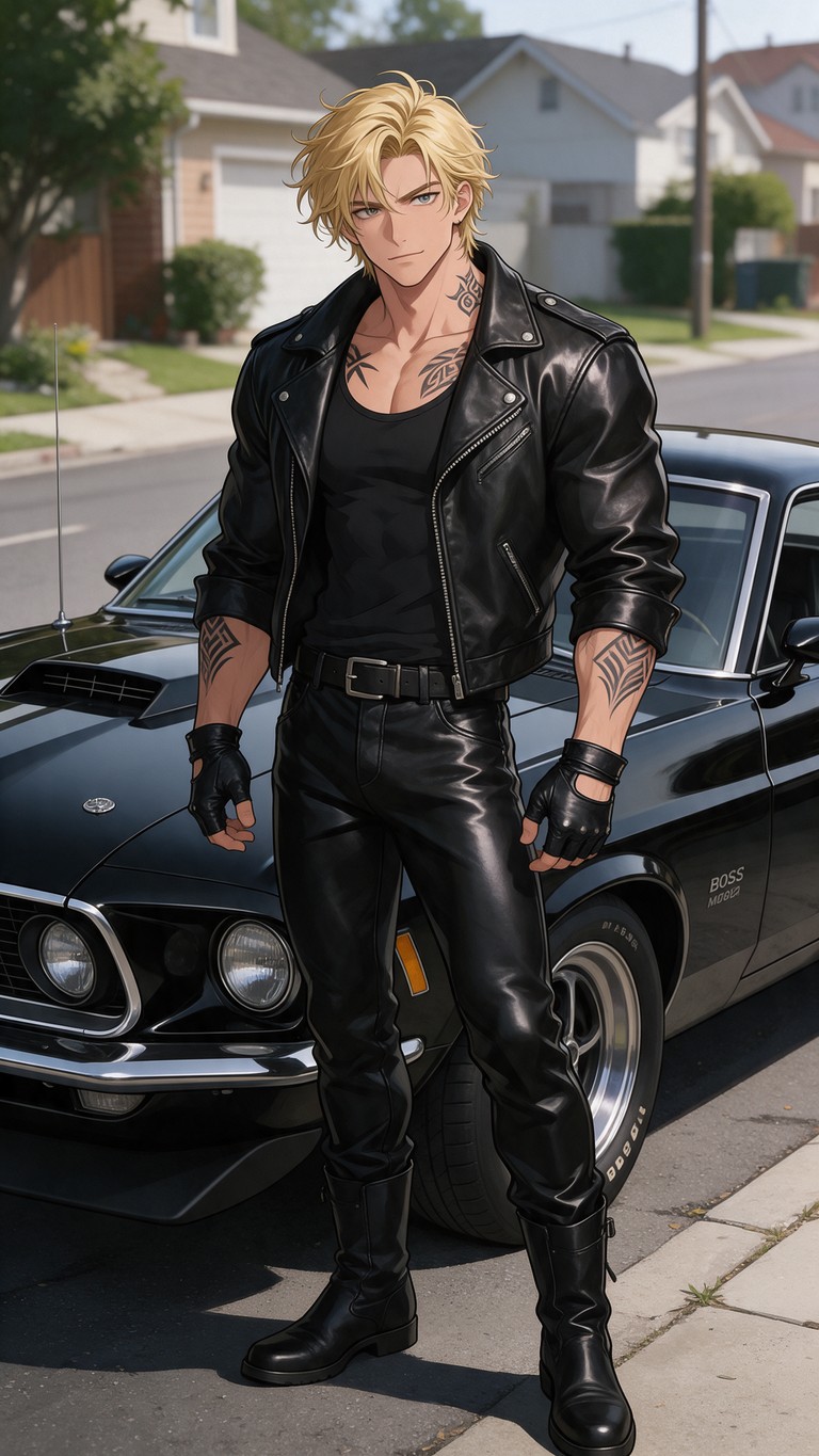 Leather Rebel Beside Mustang