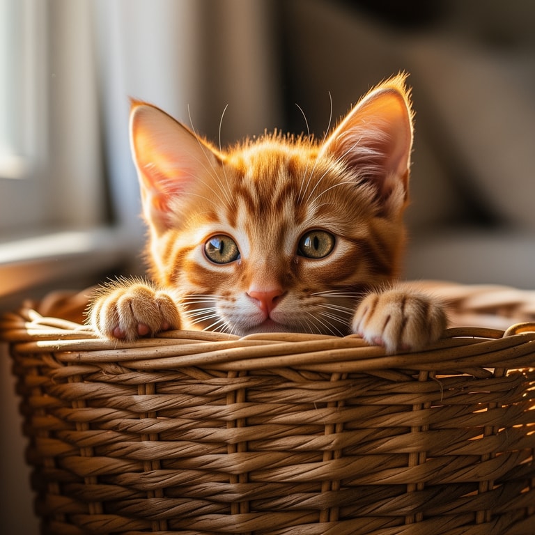 Sunlit Kitten in Wicker Basket