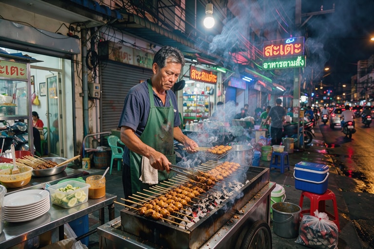 Satay Smoke Under Neon