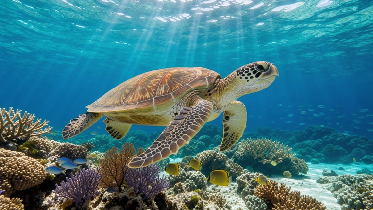 Sunlit Turtle Over Reef