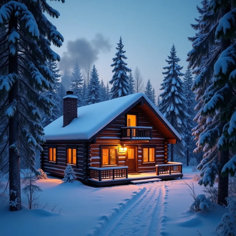Cozy Cabin in Winter Twilight