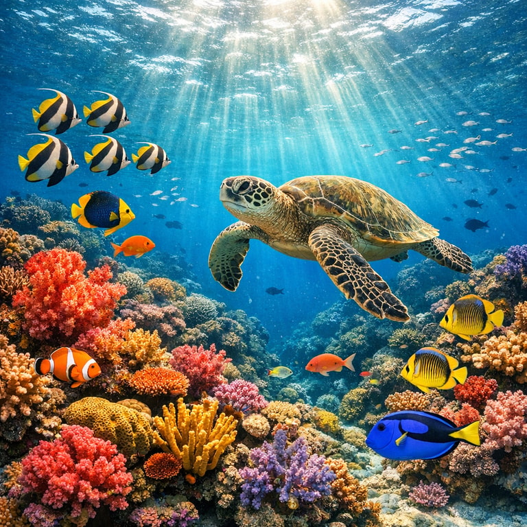 Sunlit Turtle Over Vibrant Coral Reef