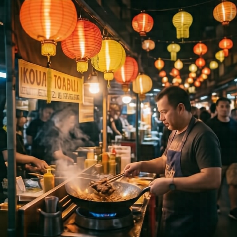 Sizzling Wok Beneath Lantern Glow