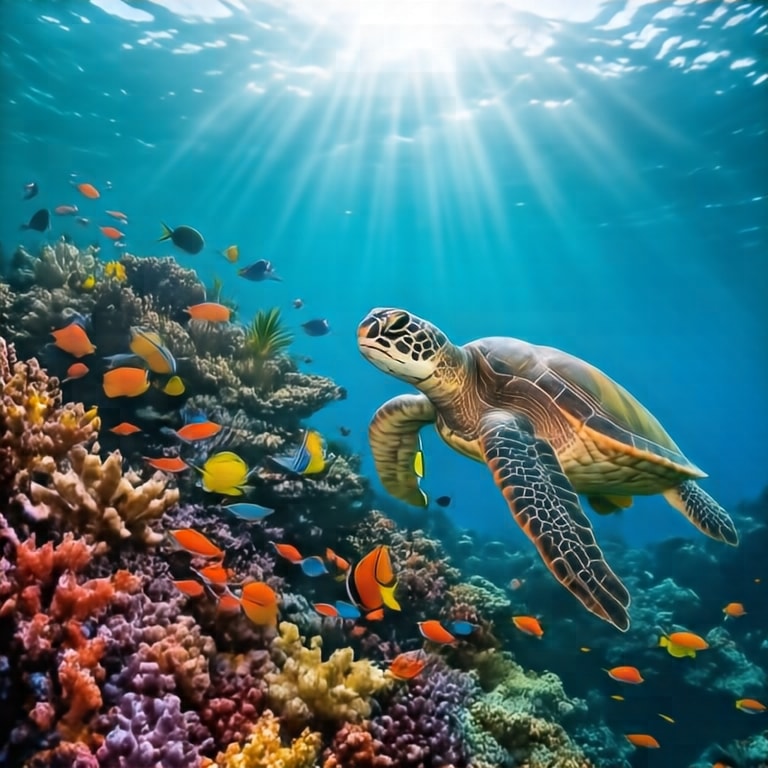 Sunlit Turtle Over Vibrant Reef