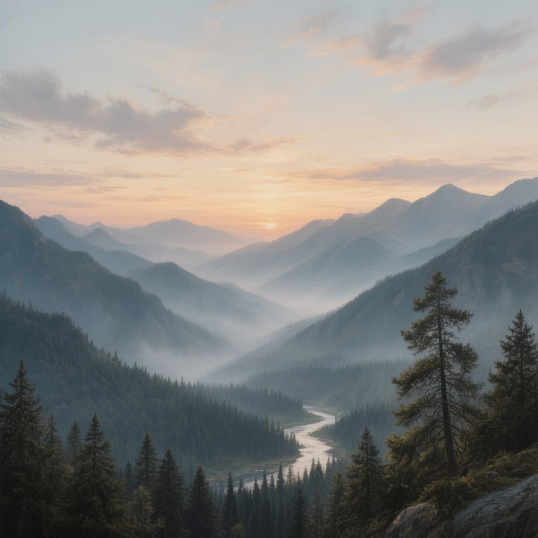 Misty Dawn Over Layered Mountains