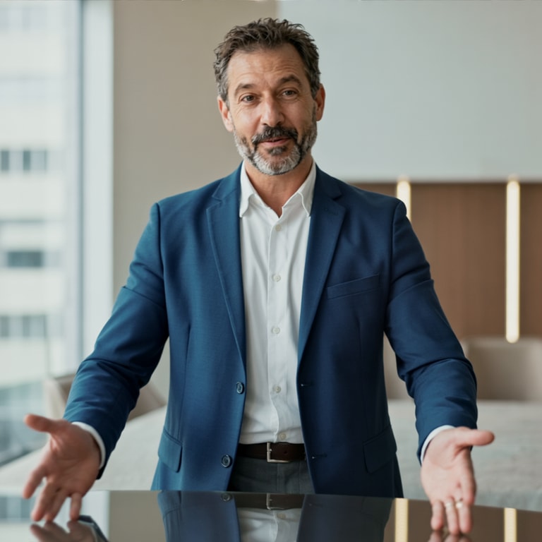 Executive Presenting with Open Gesture