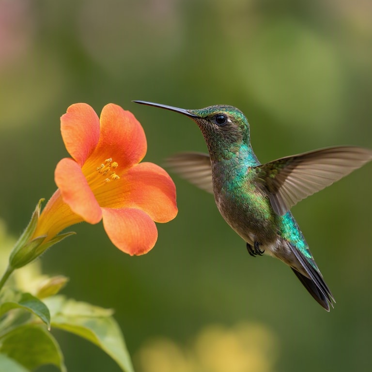 Iridescent Hummingbird Meets Trumpet Bloom
