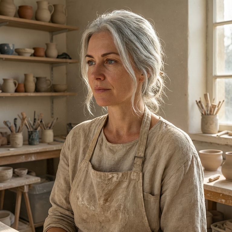 Silver-Haired Potter in Sunlit Studio