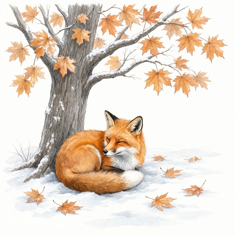 Sleeping Fox Beneath Snowy Maple