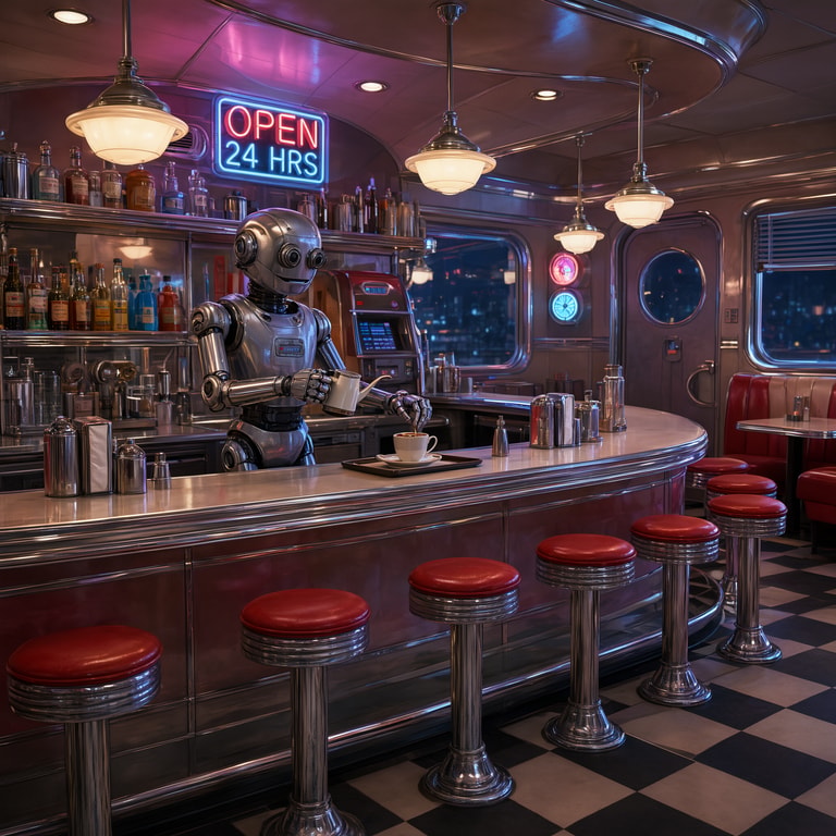 Robot Waiter at Neon Counter