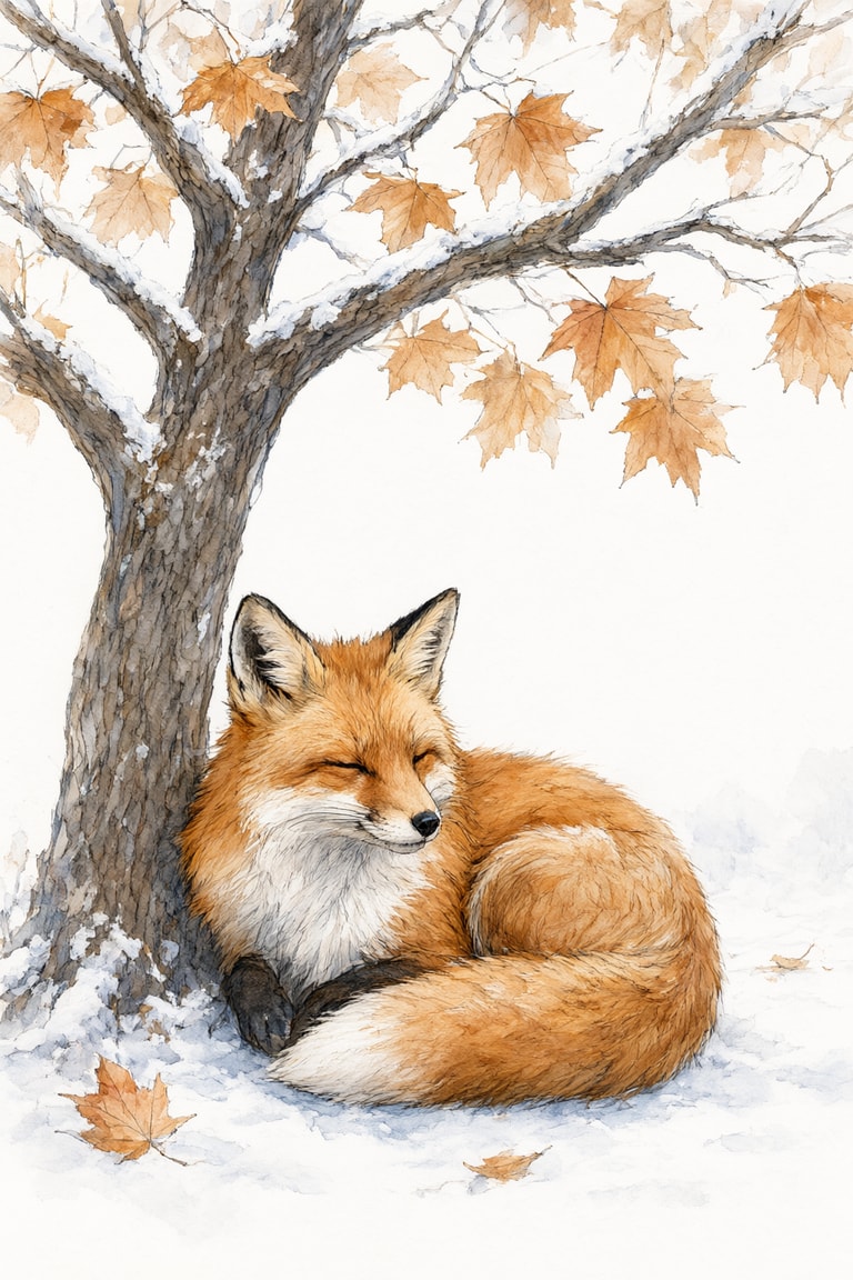 Sleeping Fox Beneath Snowy Maple