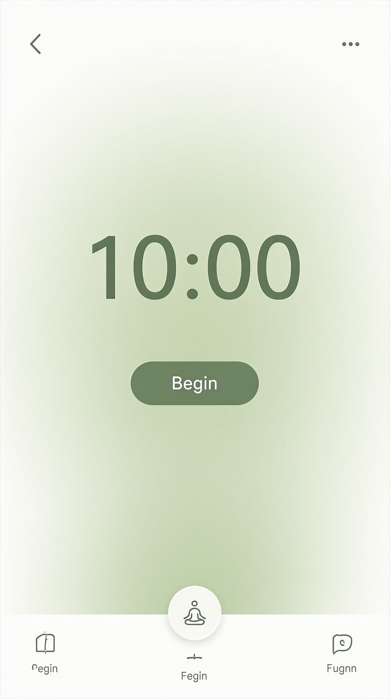 AI-generated image: Mobile app screen design for a meditation app, soft sage green gradient, large timer reading "10:00"