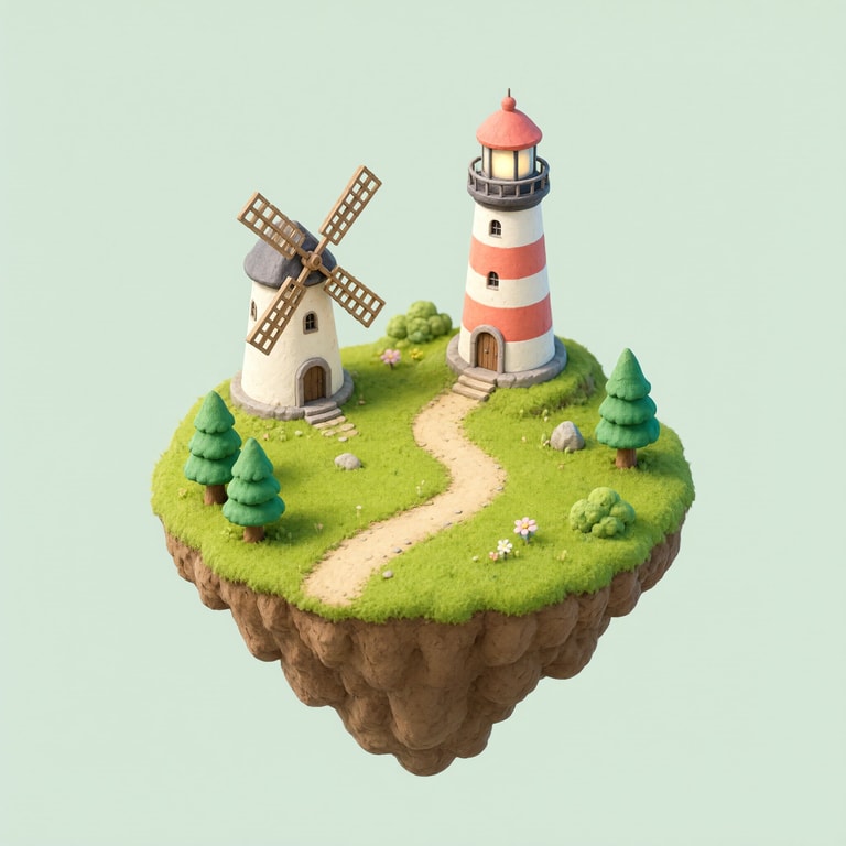 AI-generated image: Isometric 3D illustration of a tiny floating island with a lighthouse, a windmill and a winding path
