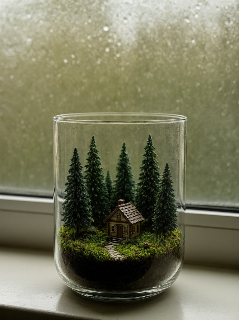 AI-generated image: A glass terrarium on a windowsill holding a miniature forest with a tiny cabin and moss, raindrops o