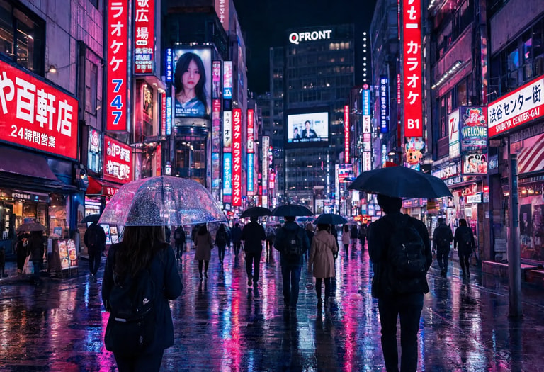 Neon Reflections on Rainy Tokyo Streets