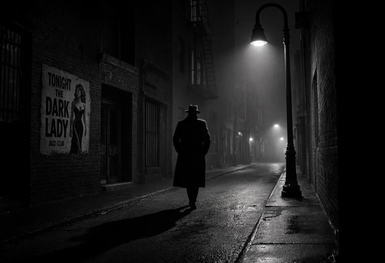 Silhouette in Foggy Noir Alley