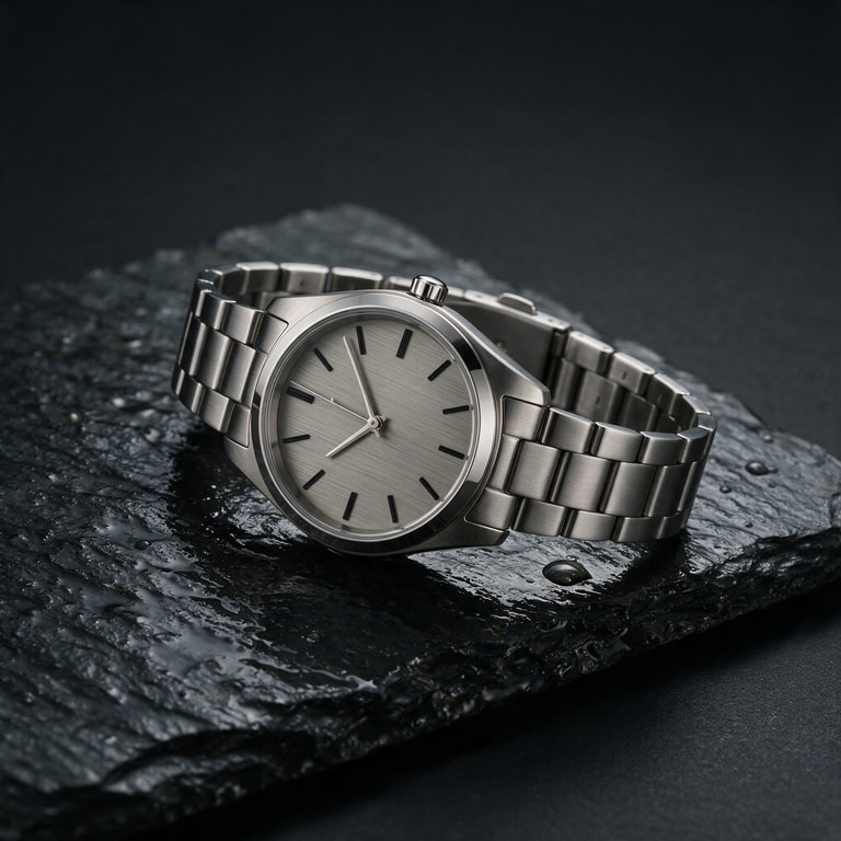 Steel Watch on Wet Slate