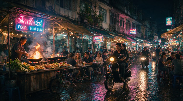 Neon Flames Over Bangkok Market
