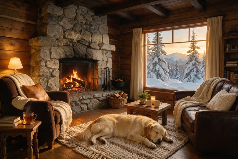Fireside Slumber in Snowbound Cabin