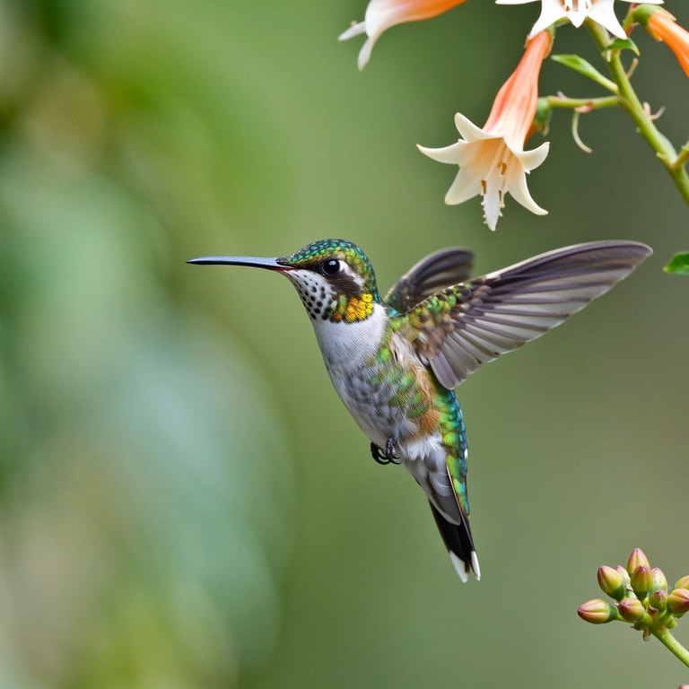 Iridescent Hummingbird Nears Trumpet Blooms