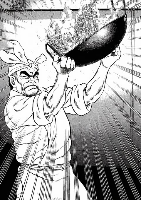 A black and white manga panel of a chef in a knotted headband heaving a flaming wok of noodles overhead, speed lines bursting behind him