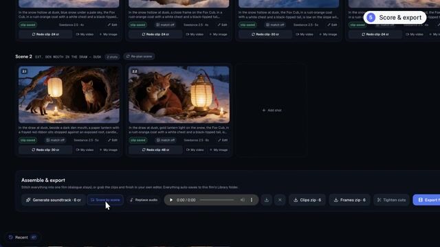 The Assemble and export panel with soundtrack, clip download and export buttons.