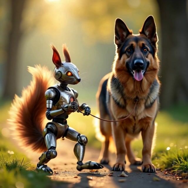 Robo-Squirrel Walks German Shepherd: A Futuristic Park Adventure