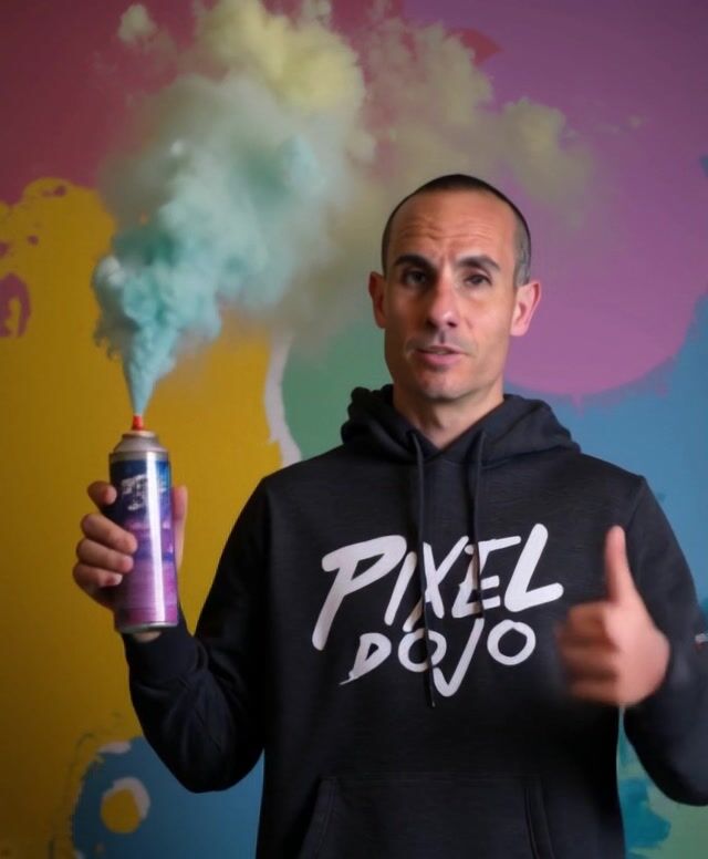Spray Paint Artistry: Man Gives Thumbs Up Amidst Paint Cloud