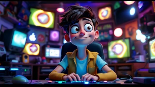 Happy Gamer Surrounded by Monitors