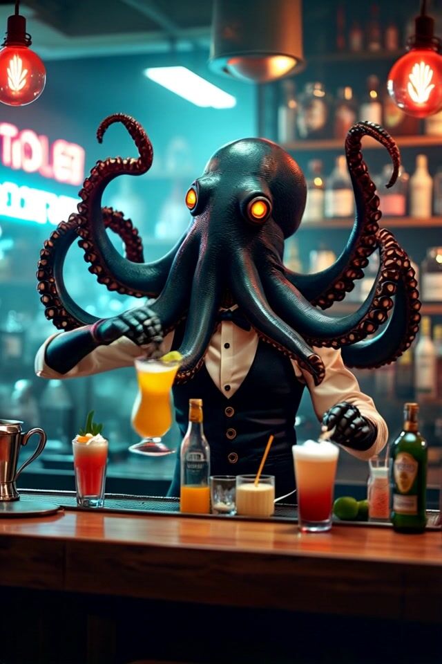 Octopus Head Bartender Mixes Drinks in Neon-lit Bar