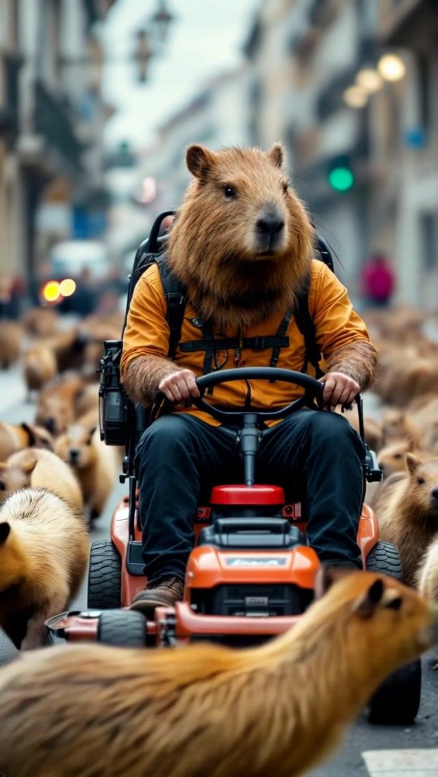 Man Rides Lawnmower Through City as Capybaras Scamper Around