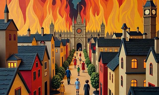 Flickering Flames and Smoke in a Bustling Town