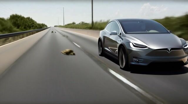 Tesla Model X Dodges Frogs on Highway - High-Speed AI Animation