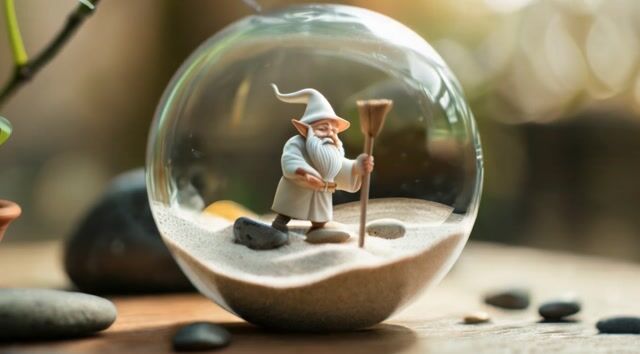 Miniature Zen Garden Sphere with Raking Dwarf | Artistic Meditation in Glass---