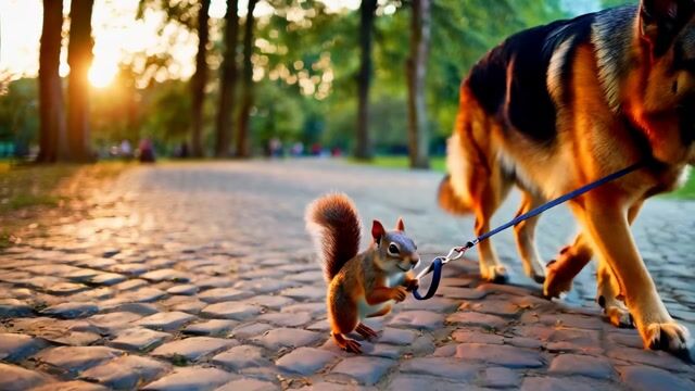 Squirrel Walks German Shepherd Dog on Leash