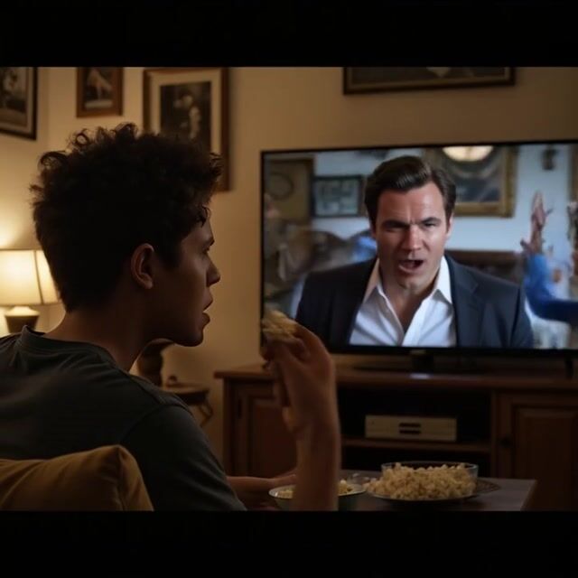 Relaxed TV Binge Young Man Enjoys Popcorn While Watching ActionPacked Show