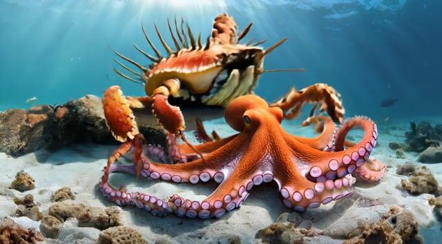 *Silent Ambush: Octopus and Crab in the Deep Sea*