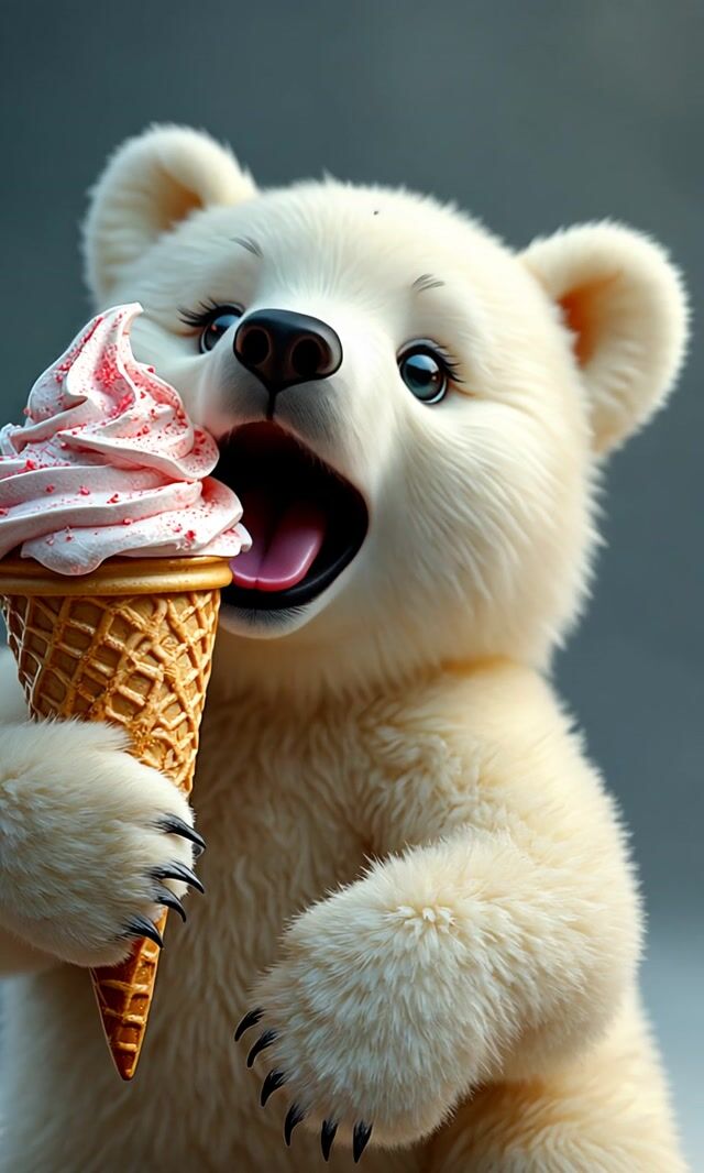 Polar Bears Sweet Tooth Licking a Giant Ice Cream Cone