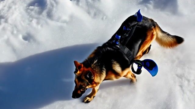 German Shepherd Snowboards Down Mountain in Harsh Lighting