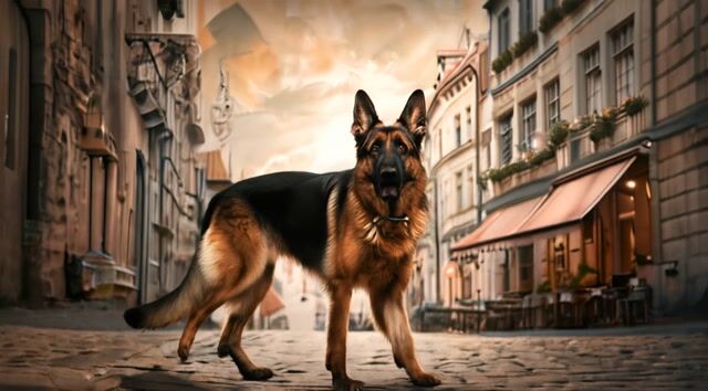German Shepherd Strolls Through European City Streets in Vintage 8mm Film