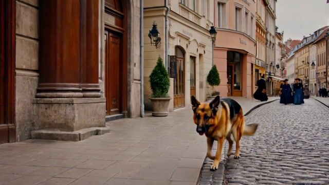 Vintage German Shepherd Strolls Through European City Streets