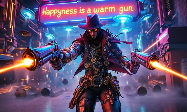 *Space Gunslinger Showdown: Laser Revolvers in Neon Night***Description:**Experience the electrifying adventure of a **Space Gunslinger** in a visually stunning, futuristic setting- **Atmosphere**: The video opens with a **camera dolly pull-out** revealing a high-tech, otherworldly scene bathed in **neon night light** with a subtle **flicker** that sets a mysterious tone. - **The Gunslinger**: A brave gunslinger, equipped with **ray gun revolvers** that shoot **laser pulses**, dashes towards the camera with **long, hovering steps**. His movements are both graceful and intense, leaving **water droplets** in his wake from the wet, reflective surface beneath him.- **Mechanical Marvels**: On either side, intricate **mechanics** with **rotating gears** add to the dynamic environment, enhancing the sense of a world where technology and action intertwine. - **UFO and Explosions**: The scene is punctuated by a **spinning UFO** with **blinking lights**, adding an element of extraterrestrial presence. Explosions and **laser beams** light up the night, creating a spectacular light show.- **Visual Effects**  - **Splash** and **water droplets** add realism and texture to the scene.  - **Sparkles in the air** contribute to the magical, sci-fi vibe.  - The **wet surface** reflects the neon lights and action, intensifying the visual impact.This video captures a moment of high-stakes action in a sci-fi universe where every detail is meticulously crafted to immerse viewers in a futuristic gunfight, blending elements of traditional western showdowns with cutting-edge technology.**Title:** Space Gunslinger Showdown: Laser Revolvers in Neon Night